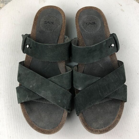Teva Women's Size 10 Mahonia Black Leather Crisscross Slide Wedge Sandals - Picture 3 of 15